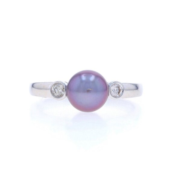 White Gold Cultured Pearl & Diamond Ring - 14k Round Brilliant .10ctw